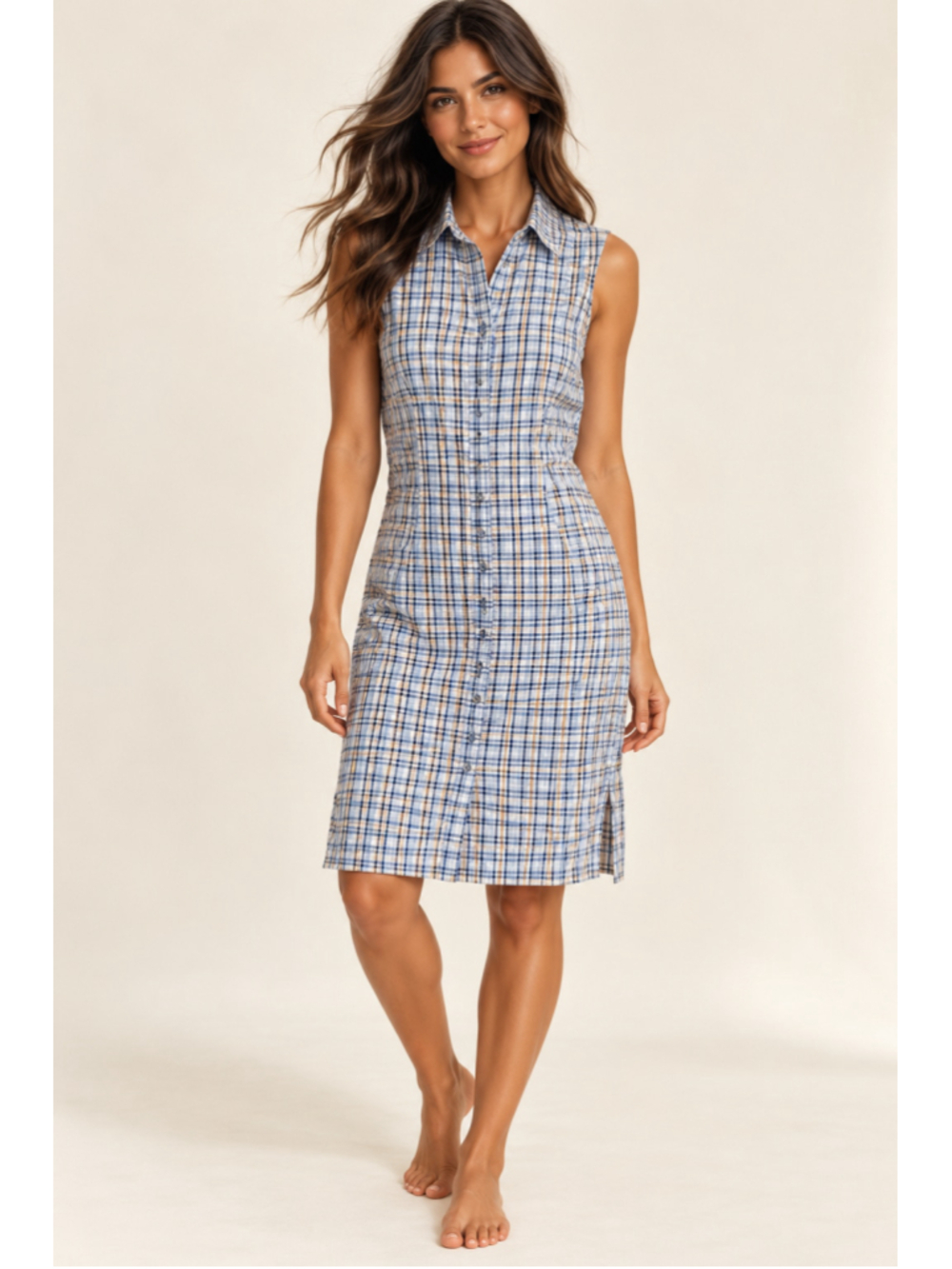 Cherokee Plaid Sleeveless Button Front Shirt Dress Preppy Coastal L